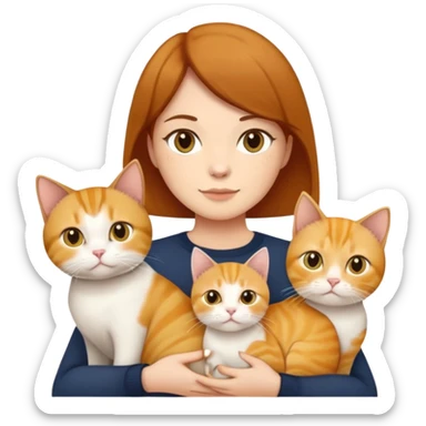 Straight short hair ear length in dark brown , skin tone honey . holding 3 cats - 1 ginger cat , 1yellow white cat , 1 British short hair in cream color cat which are all  same size  sticker