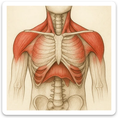 illustrazione anatomica realistica del diaframma bloccato con muscoli del collo e scapole evidenziati in rosso per il sovraccarico, didascalia in italiano sticker