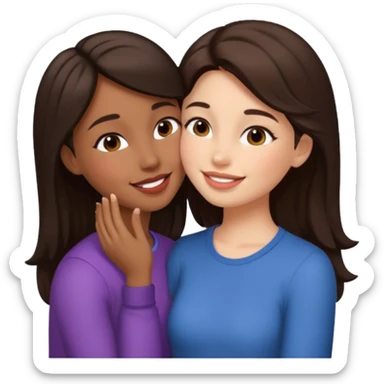 A girl kisses her friend The girls' hair color is dark brown.  sticker