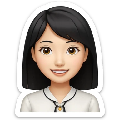 30 yr old asian woman center parted hair big eyes big smile tanned skin straight black hair hippie part hair white blouse shoulder length hair middle parted hair few short bangs at front sticker