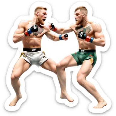 An MMA showdown between Conor McGregor and Anderson Silva in the octagon. McGregor is executing a powerful jumping strike, while Silva is expertly blocking the attack with his forearm. The background features the UFC octagon, fans in the distance, and dynamic action. Transparent background sticker