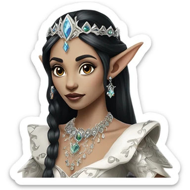 elf princess with pointy ears, white skin, black hair with jewellery sticker