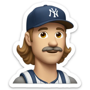 white man with long brown hair and ny baseball cap and mustache sticker