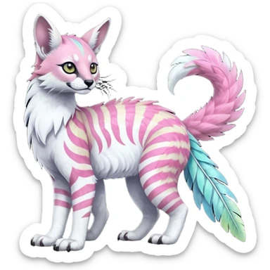 Colorful tropical feathery tribal pale light fruity pastel white glorious iridescent divine exotic cute albino neon vibrant zigzagged cool beautiful fantasy-caracal-civet-genet-sergal-vernid-Gryphon-Cacomistle-Trico-oncilla-animal-Fakémon-hybrid-fursona (full body), facial markings,  sticker