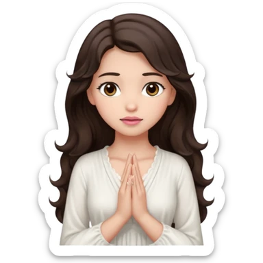 girl with wavy long glamorous dark brown hair, brown eyes, light to medium complexion, long lashes, light pink lipstick, praying sticker