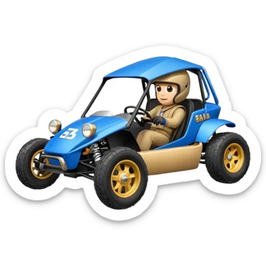 A small blue and gold dune buggy featuring a driver in a motorcycle helmet, with the word "BAJA" displayed on the side panel. sticker