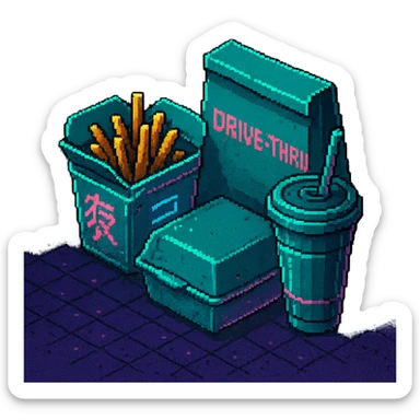 cyberpunk futuristic, 3d isometric, item image, video game item, inventory icon, the image depicts a small box of takeout, takeaway, chinese takeout food, delivery food. futuristic drive-through, fries, bag and drink. dystopian. pixelated retro video game graphics sticker