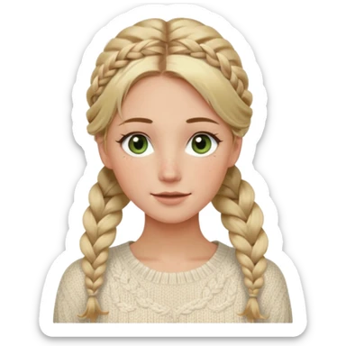 dirty blonde hazel/green eyes woman with a white cable knit sweater and one braid down her back  with tendrils of hair flowing down her face and she is happy pale, some freckles, blush. she has a cateye wing and long lashes sticker
