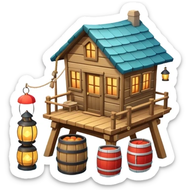 
fisherman house on a wooden pier, small dock, fishing nets hanging, barrels, lantern, ocean vibe, 3D cartoon, cute mobile game icon, clean background, no text
 sticker
