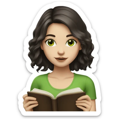 Girl with green eyes, shoulder length dark brown hair, pale skin, reading a book  sticker