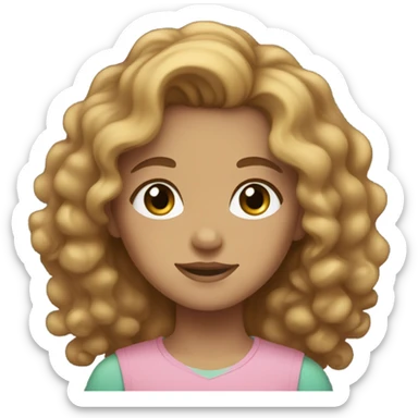 Girl with light brown curly hair, Blue/green eyes, a light tan and a pink shirt sticker