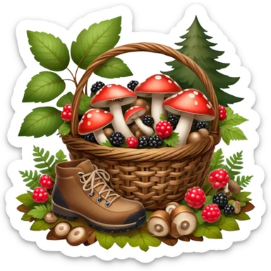 Icon for Mushroom and Berry Tourism: a basket filled with mushrooms and berries, surrounded by forest elements like trees, leaves, and a hiking boot. The icon should capture the joy of foraging in nature. Transparent background. sticker