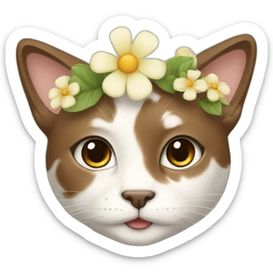 A while and cream cat with short wavy brown hair and spring flowers on its hair sticker
