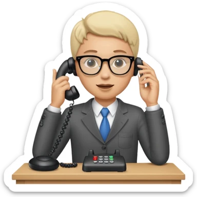 person standing at a desk, holding a telephone receiver to their ear, suggesting a phone call. sticker