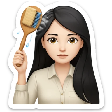 A white woman with long, straight black hair, wearing an ivory-colored shirt, holding a wooden paddle hairbrush in her left hand and spraying a hair mist bottle with her right hand toward her hair. sticker