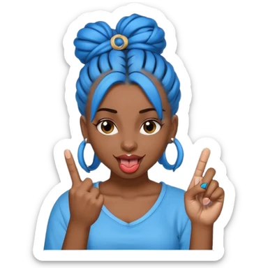 brown girl with blue locs in a bun with tongue out giving middle finger sticker