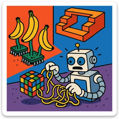 visual paradox: staircase that leads nowhere, bananas growing from computer chips, robot trying to solve Rubik's cube with spaghetti, vibrant humorous cartoon style, representing AI confusion sticker