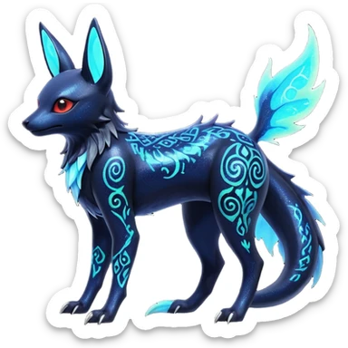 Shiny Fiery Dark Ugly Evil Realistic Glowing Eldritch Horror Cool Edgy Badass Emo Glorious Demonic Batty Dusky Ethereal Sparkly Shimmering Magical Punky Aural Iridescent Fluorescent Bioluminescent Umbreon-Amaura-Salandit-Noibat-Flareon-Fakémon-fusion (full body) with intricate pattern markings sticker