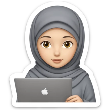A girl wearing a gray hijab and with hazel eyes is carrying a laptop, not a laptop, just a regular laptop. Not mat bock  sticker