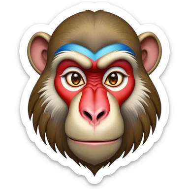 Cinematic Noble Mandrill baboon Portrait Emoji, Poised and regal, with a striking, powerful build and a vivid, deep-set soulful eyes, Simplified yet sharp and sophisticated features, highly detailed, glowing with a vibrant, dignified glow, high shine, intelligent and commanding, stylized with an air of exotic majesty, focused and attentive, soft glowing outline, capturing the essence of a watchful and confident primate, so majestic it feels as though it could step out of the screen with effortless authority! sticker