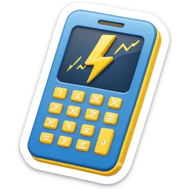Create a simple emoji of an energy calculator: small calculator + lightning bolt icon. Flat design, bold outline, blue and yellow colors, clean, centered, emoji style. sticker
