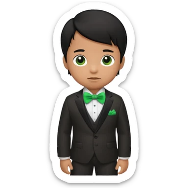 baby boy black hair in suit, with green bow sticker