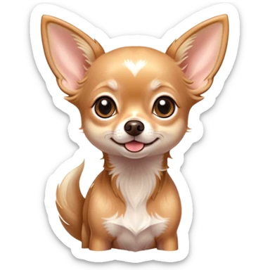 Cinematic Cute Long Haired Fawn Chihuahua Portrait Emoji, Head tilted playfully and inquisitively, silky long fawn hair with gentle highlights, round, sparkling dark eyes filled with curiosity, Simplified yet irresistibly adorable features, highly detailed, glowing with a warm, friendly glow, high shine, affectionate and lively, stylized with a touch of whimsy, bright and endearing, soft glowing outline, capturing the essence of a mischievous yet loving companion, so playful it feels like it could prance out of the screen and into your arms! sticker