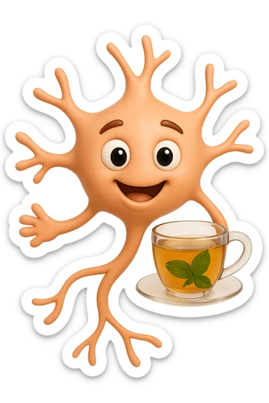 emoji stile iphone 3d di un neurone che fluttua in aria insieme ad un tè alle erbe, iperrealistico 4k sticker