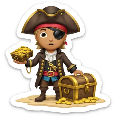 A 3D cartoon pirate character with one eye covered by a black eye patch, holding a treasure chest filled with gold coins and jewels, standing on sandy ground, wearing a pirate hat and coat, warm sunset lighting, realistic Memoji-style rendering. sticker