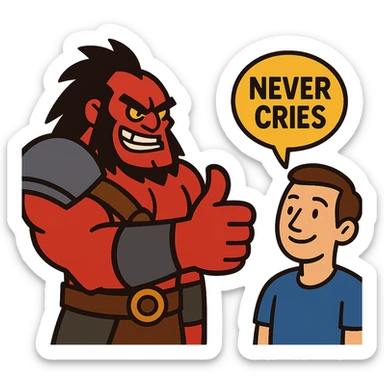 A cartoonish Dota 2 hero (like Axe) giving a thumbs-up to a player who never cries sticker