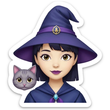 an asian short haired girl with short raven hair with bangs, with her silver left eye and dark brown right eye, with cat-eyed eyeliner, and grinning with her tiny fang of mauve toned lipstick, with dark navy wizard hat with an emblem on her hat. sticker