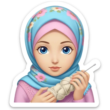 Turkish beautiful finish Konya girl blue eyes with pastel floral hijab does knitting  sticker