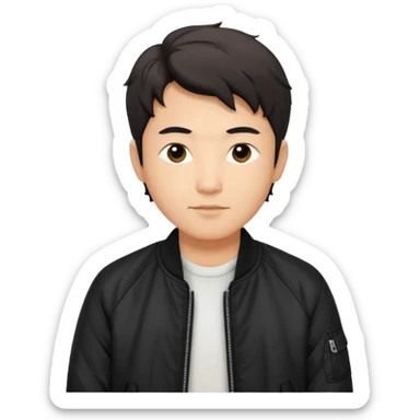 Handsome and mature Asian guy wavy short hair, dressed cool in black bomber jacket, demure but with a smirk  sticker