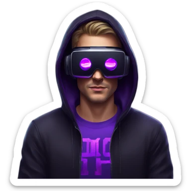 Russian man in the black hoody with violet letters "OMG VR" on it wearing vr headset. Cyberpunk style. Violet neon. sticker