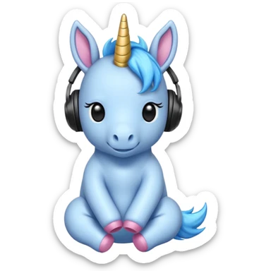 Unicornio bebé azul sentado escuchando música con auriculares negros sticker
