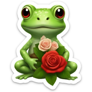 Tiny green toad holding red roses bouquet sticker