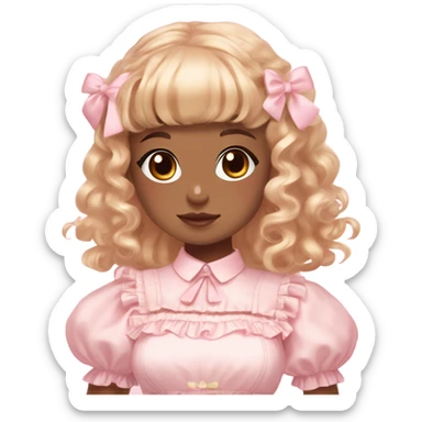 caramel skin girl , who has curly medium length blonde and baby pink swirled hair with bangs , light brown eyes , and doll like makeup , in a light pink lolita hime gyaru dress sticker