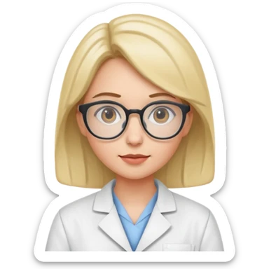 Portrait of a young female scientist wearing a white lab coat, glasses sticker