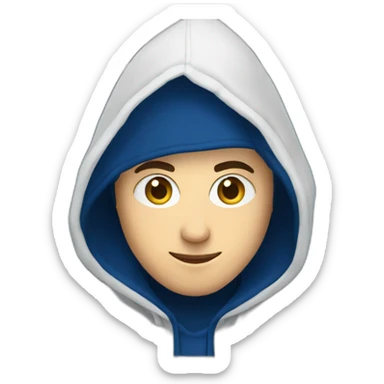 White Young Adult Developer with a dark blue hood behind his computer and focus on his code  sticker
