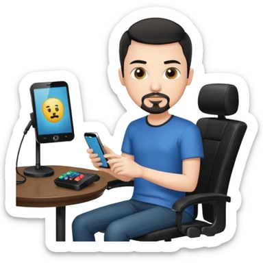 a setup of a youtuber, white skin, thin goatee, black short hair, with a desktop pc on a table, a gaming chair, microphone, no headset phone sticker