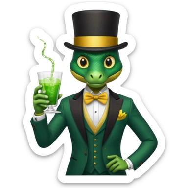 snake wearing suit, bowtie and top hat, holding a glass of green drink sticker