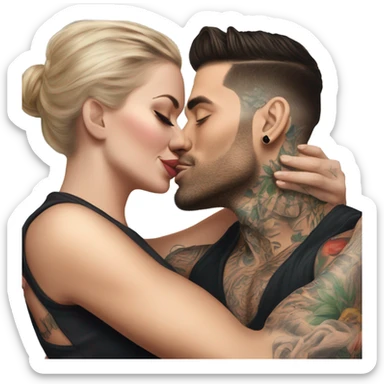 Hyper Realistic beautiful woman in the arms of a very handsome tattooed man kissing  sticker