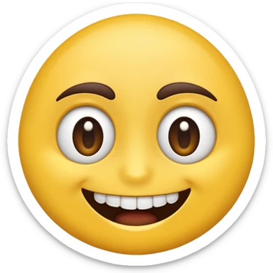A hyper-realistic 3D render of a cartoon-style emoji face with exaggerated features. The emoji has a bright yellow, smooth, rounded face with large, shiny, expressive brown eyes and raised dark brown eyebrows. It shows an extremely wide, exaggerated smile with perfectly aligned, large  sticker