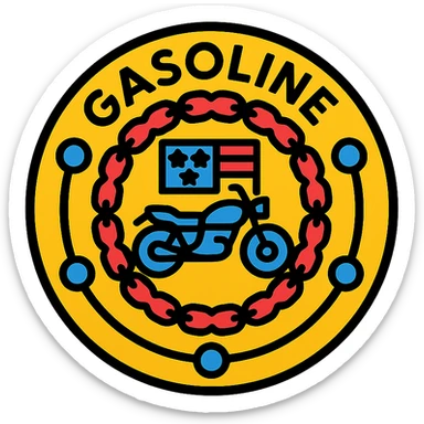 circular motorcycle gas cap design, transparent background, text 'GASOLINE', motif: motorcycle, chain, American flag, USA style sticker