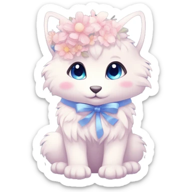 Anthro Cute Cool Blushing Pastel Innocent Shy Kawaii gorgeous sparkly ethereal fantasy anime animal creature with blue eyes furry sona with flowers and ribbons beautiful aesthetic sticker