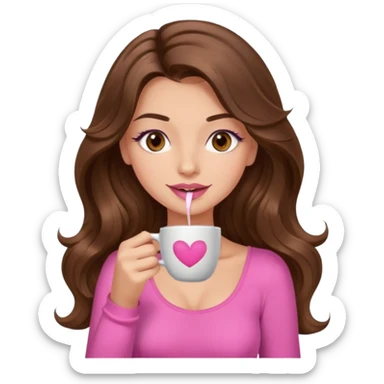 girl with long wavy brown hair, brown eyes, light to medium complexion, in a pink sexy top, pink lips, long lashes, sipping coffee sticker