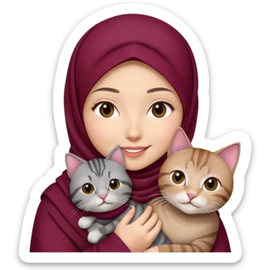 Asian white girl wearing maroon hijab holding a black grey tabby cat with smiling sticker