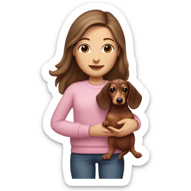 Brunette white girl with long hair in a pink sweater holds a brown and cream dachshund long haired puppy in her arms sticker