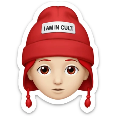 Red hat that says "I AM IN A CULT" in white text sticker