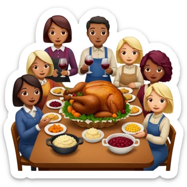 Thanksgiving Dinner with 10 people of different races around the table; have the food be a cooked turkey, mashed potatoes, corn, a basket of biscuits, a small bowl of cranberry sauce, baked yams, steamed vegetables, and a bottle of wine. sticker